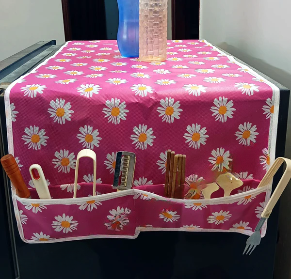Fridge Cover Oil-proof Refrigerator Fridge Cover With 6 Pockets Organizer