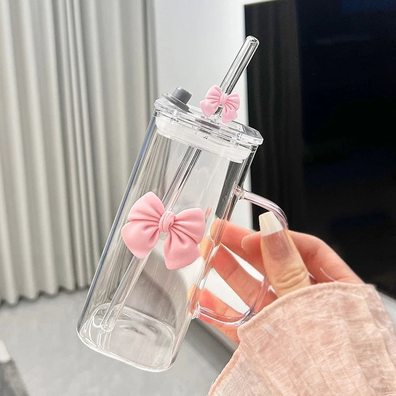 Square Glass Square Mug with Lid & Straw