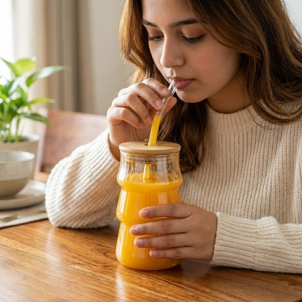 Curved Glass Cups With Wooden Lid and Straw