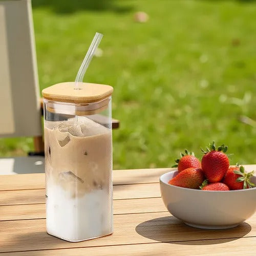 Classic Square Glass Cup with Bamboo Lid & Straw