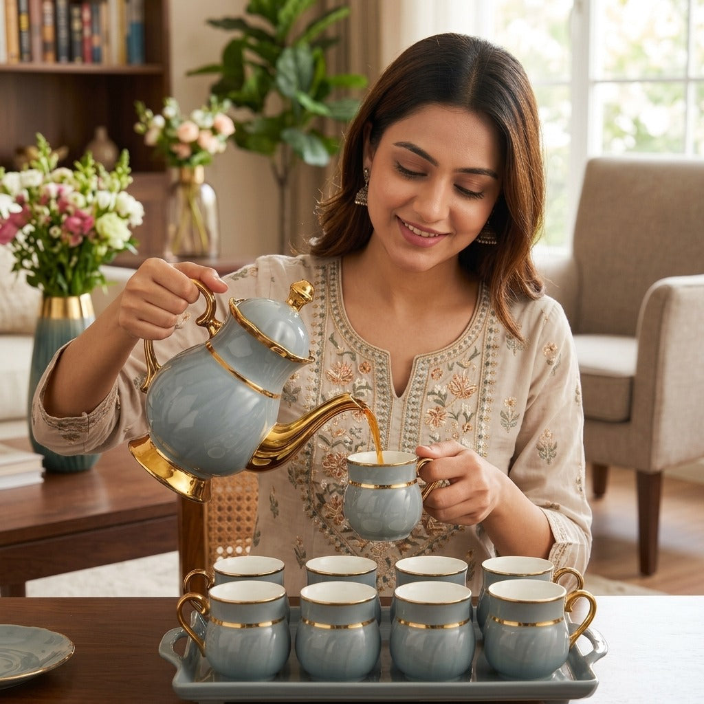 8PCs Ceramic Tea Set With Tray