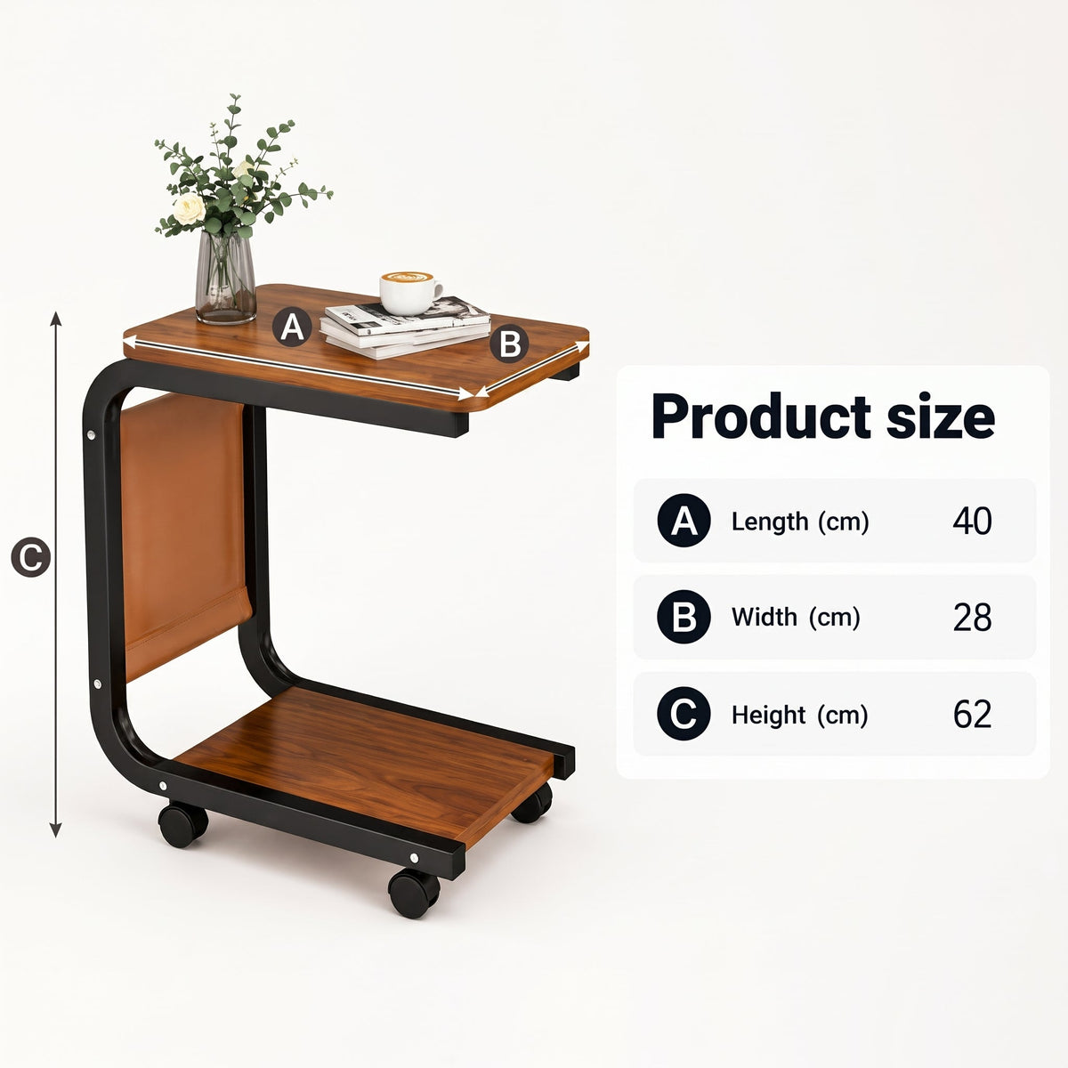 C-Shaped Sofa Side Table With Wheels