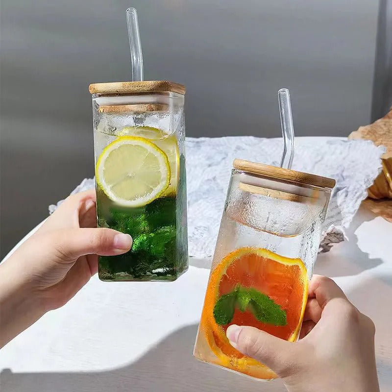 Classic Square Glass Cup with Bamboo Lid & Straw