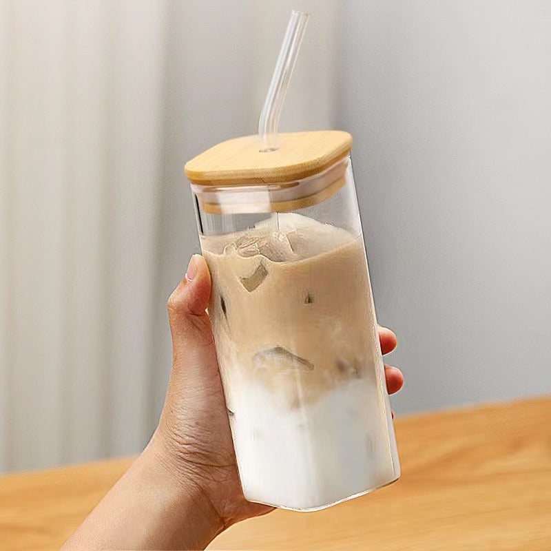 Classic Square Glass Cup with Bamboo Lid & Straw