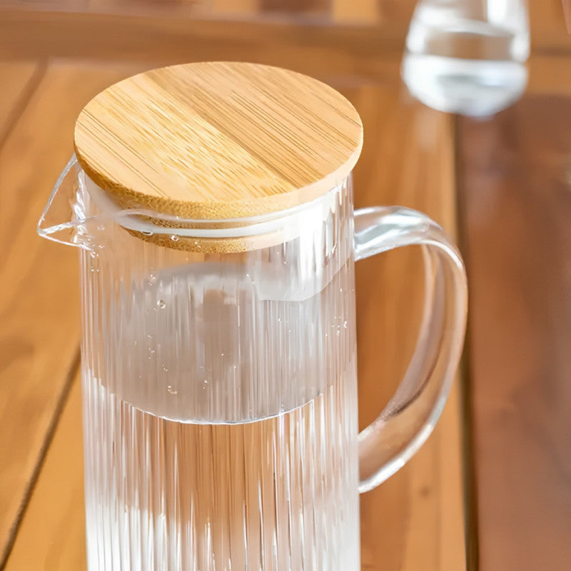 Elegant Ribbed Glass Jug With Wooden Lid 1.1L