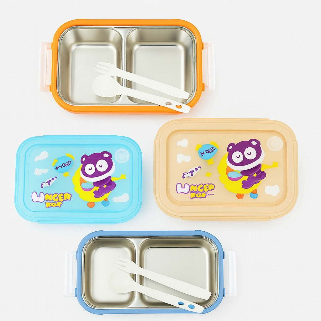 2 Compartment Stainless Steel LunchBox with Spoon & Fork
