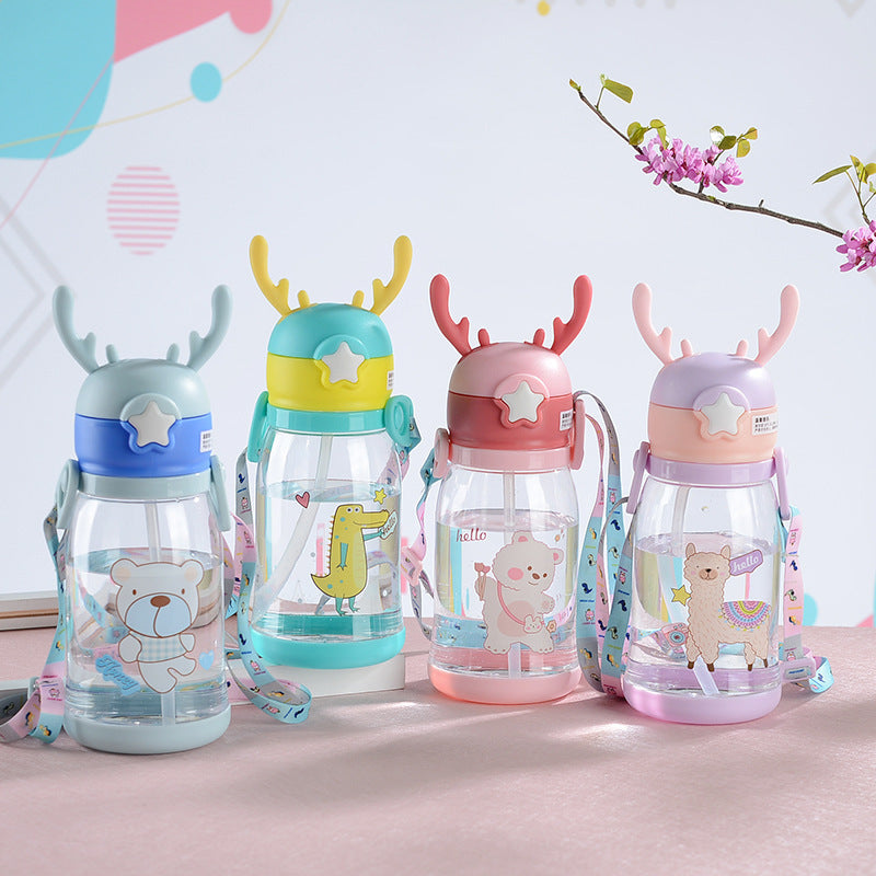 Cartoon Animal Design Water Sipper Bottle with Shoulder Strap
