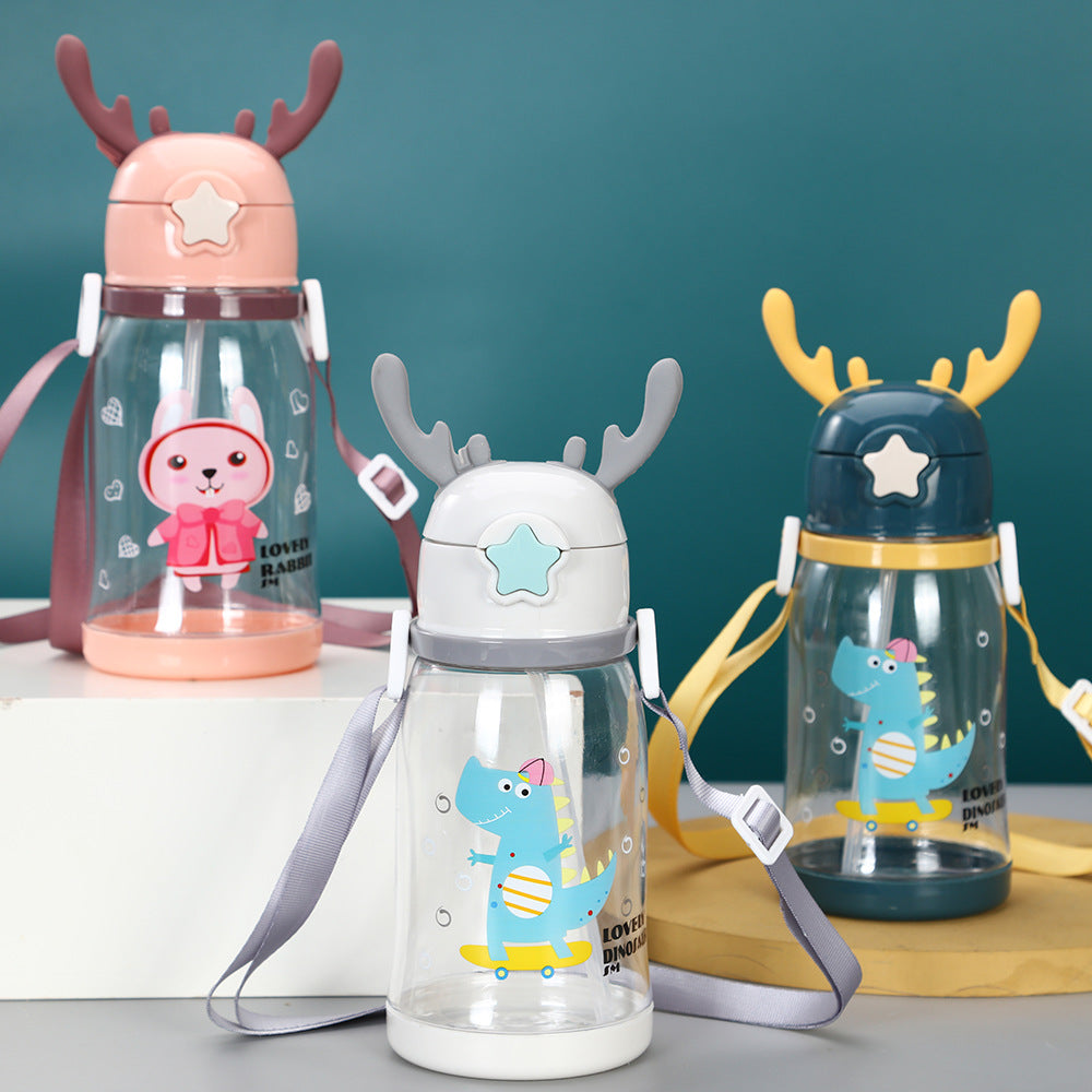 Cartoon Animal Design Water Sipper Bottle with Shoulder Strap