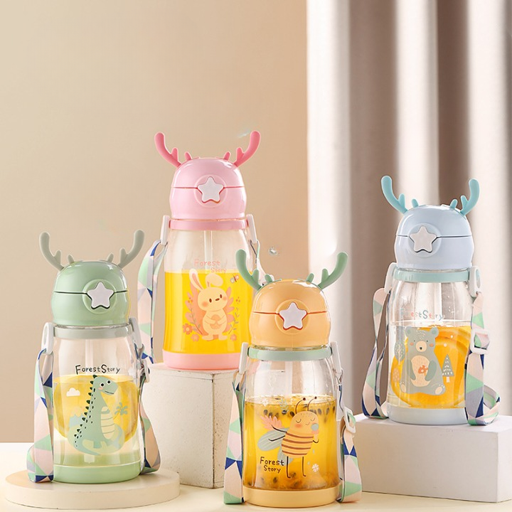 Cartoon Animal Design Water Sipper Bottle with Shoulder Strap