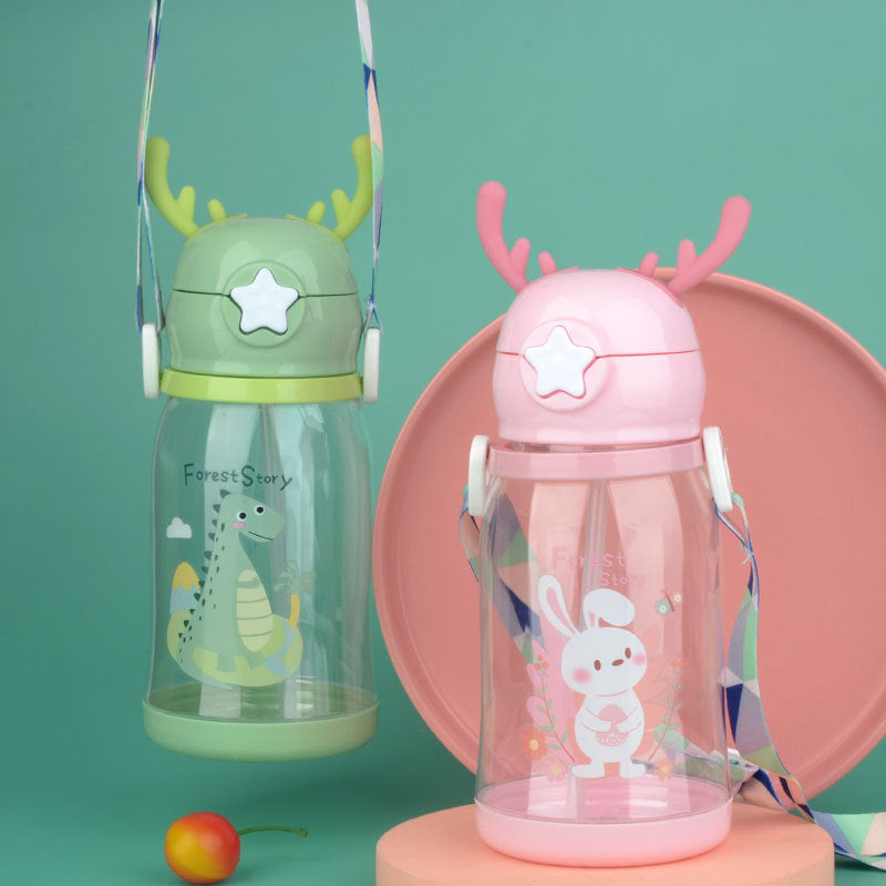 Cartoon Animal Design Water Sipper Bottle with Shoulder Strap