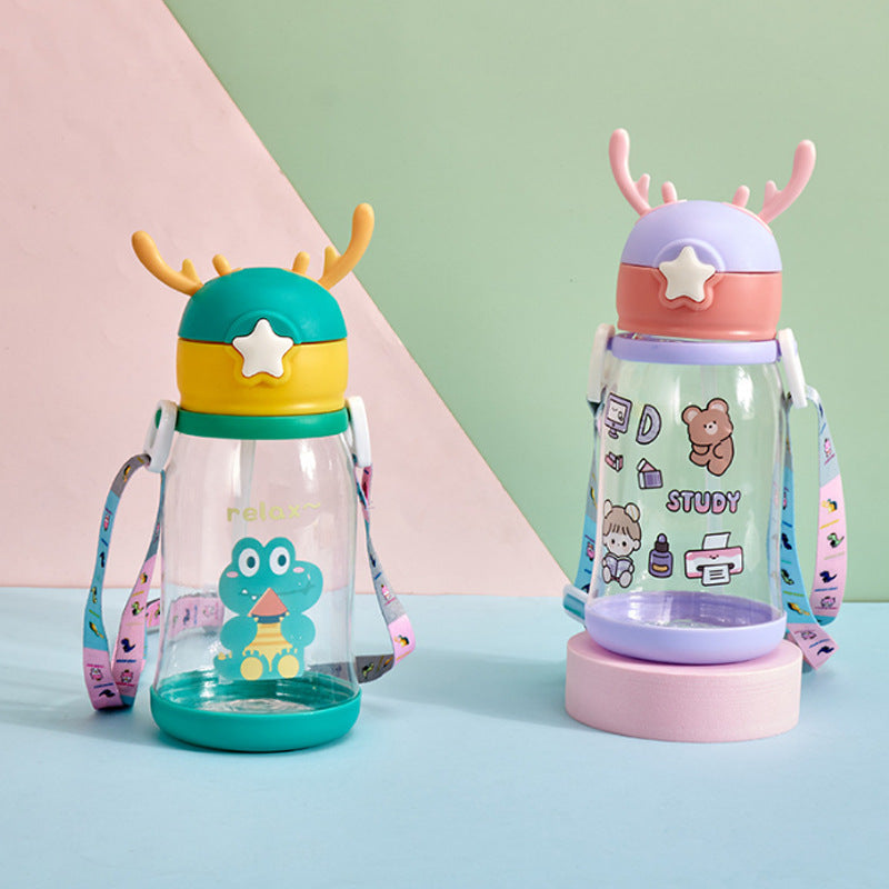 Cartoon Animal Design Water Sipper Bottle with Shoulder Strap
