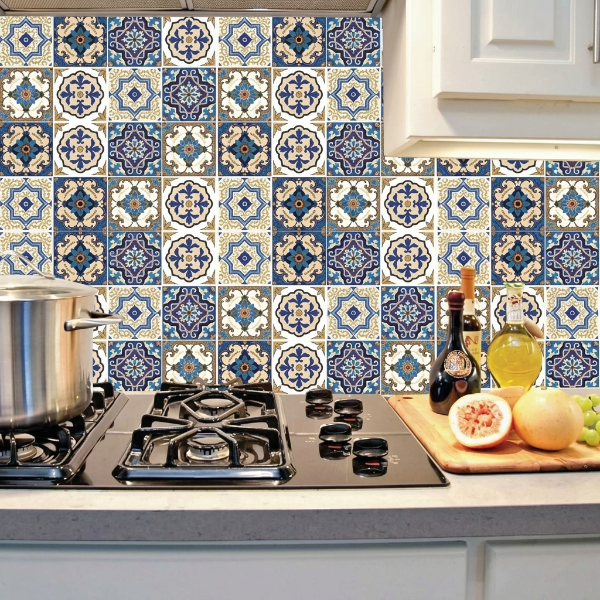 12pcs Blue & White Tile Stickers – Waterproof Peel & Stick Home Decor