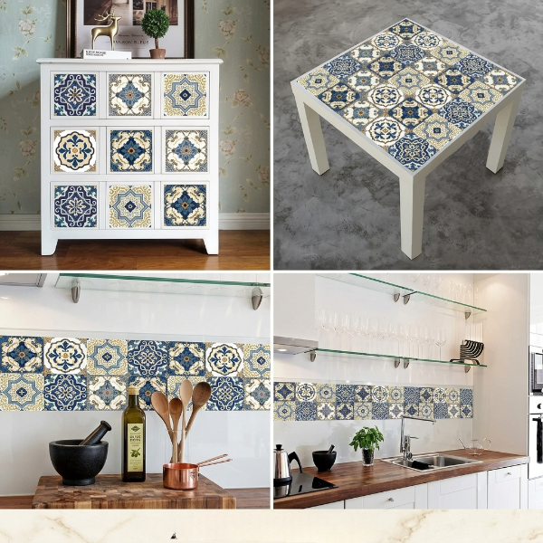 12pcs Blue & White Tile Stickers – Waterproof Peel & Stick Home Decor
