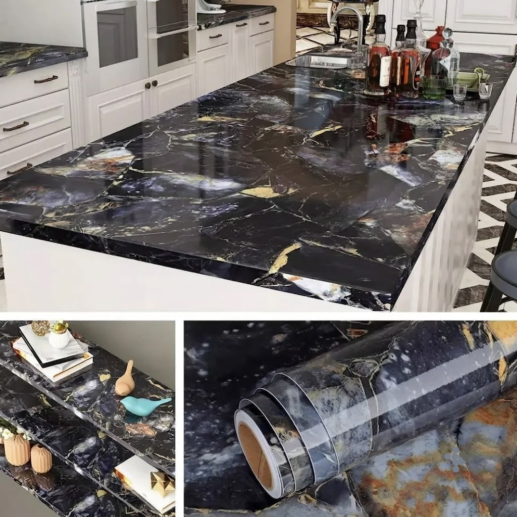 Waterproof Black & Golden Marble Sheet (60cm x 2m)
