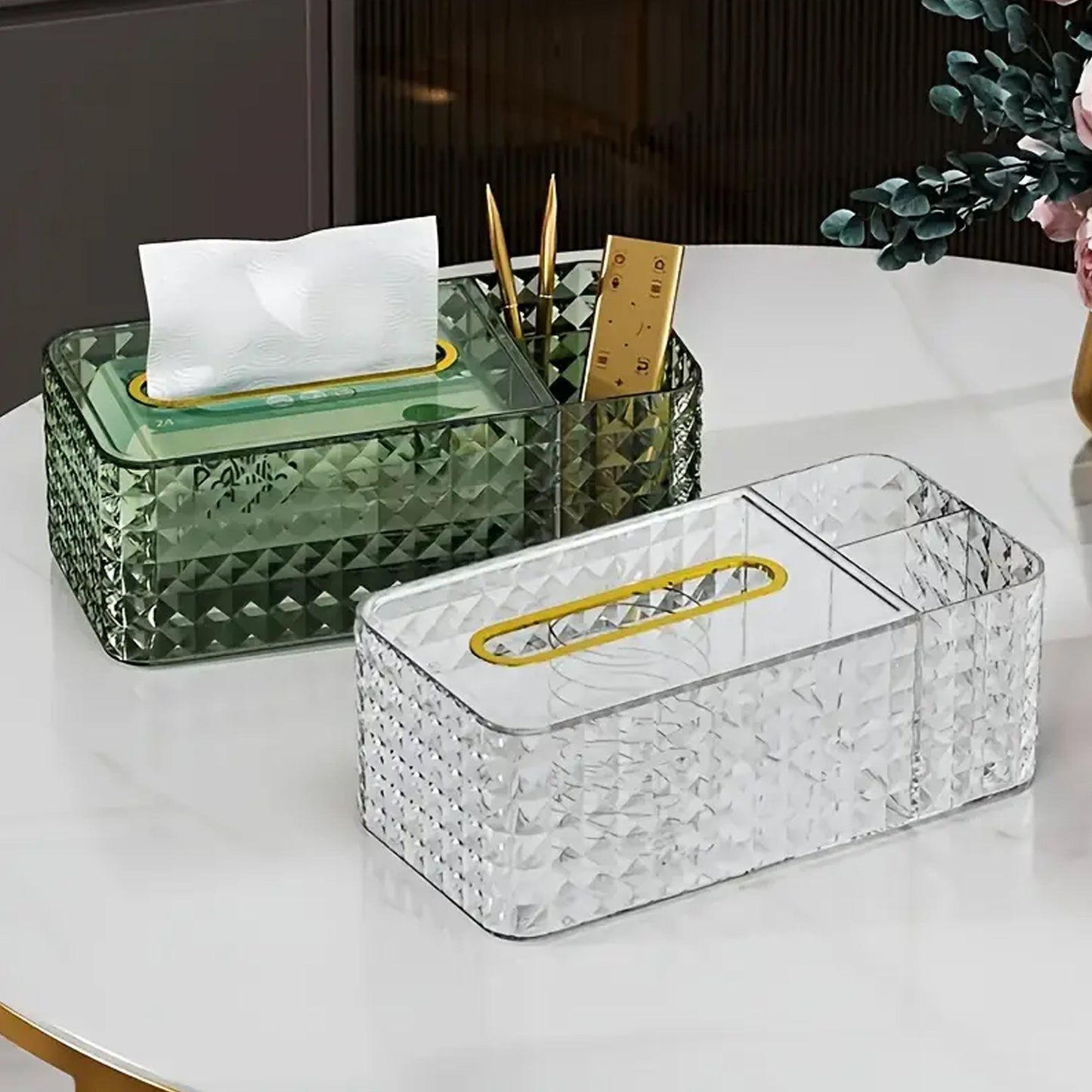 Acrylic Tissue Box Holder with Storage Compartments