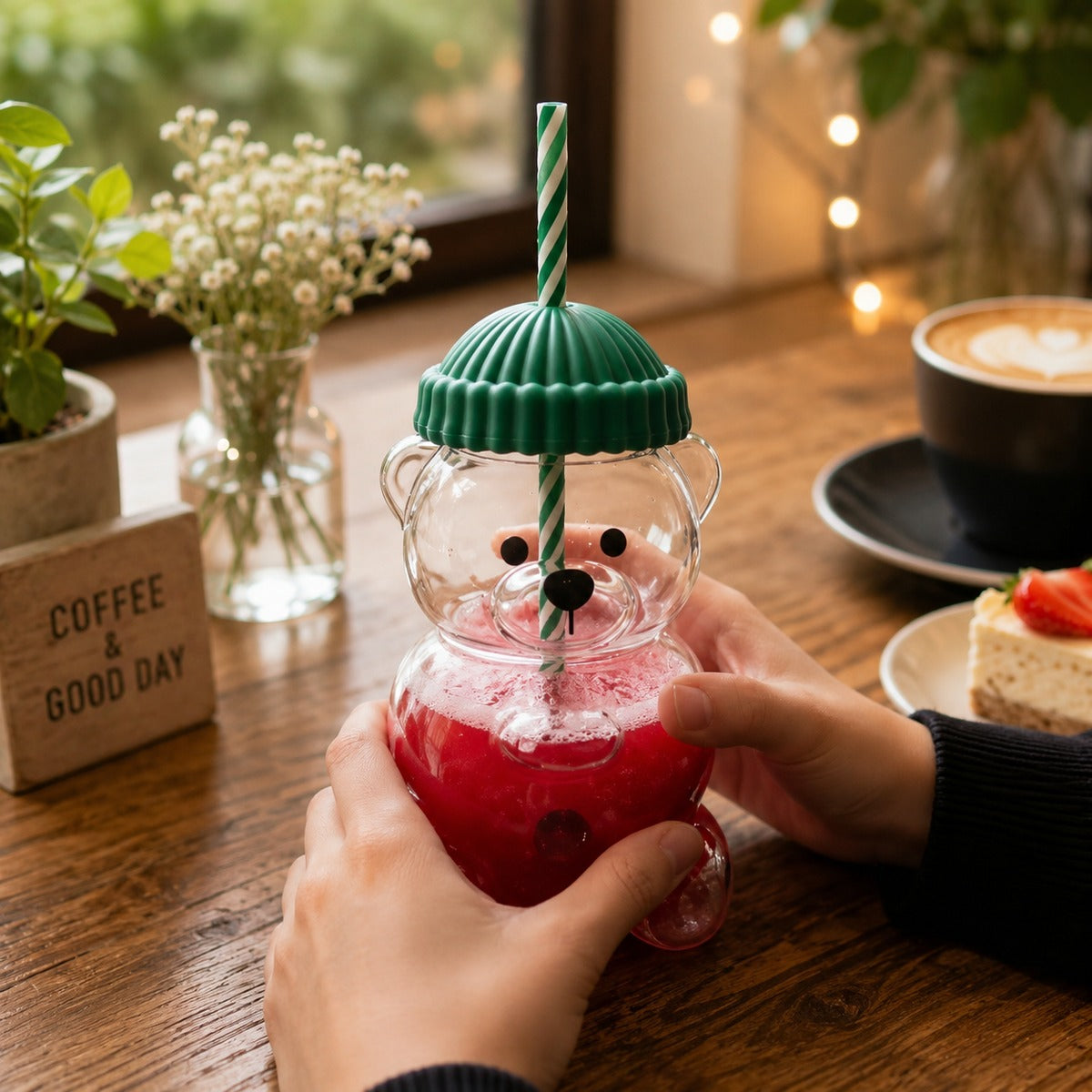 Cute Bear Glass Cup With Straw & Lid