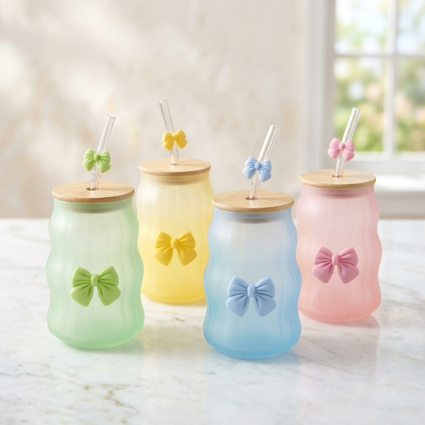 4PCs Frosted Glass Mug with Wooden Lid