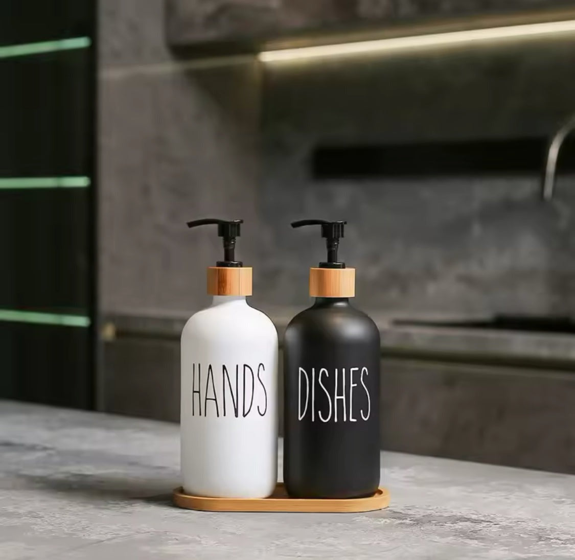 Glass Liquid Dispenser Bottle With Wooden Tray