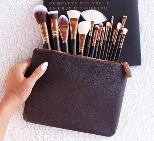 Leather Zipper Pouch Makeup Brushes Set (Pack Of 12)