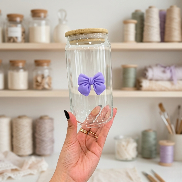 Glass Bow Straw Smoothie Bamboo Lid Cup