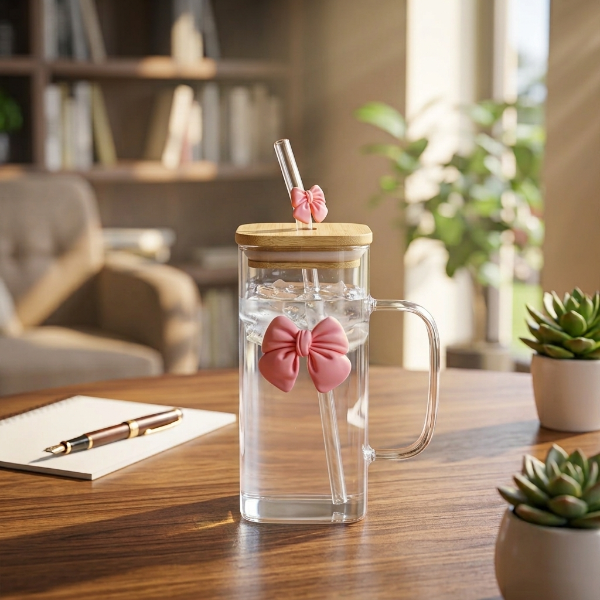 Elegant Square Bow Glass Mug with Wooden Lid