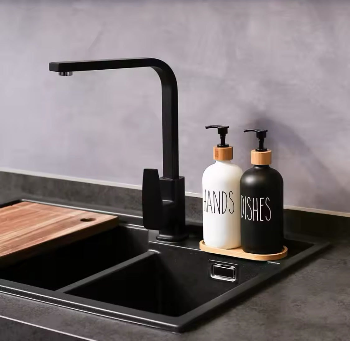 Glass Liquid Dispenser Bottle With Wooden Tray