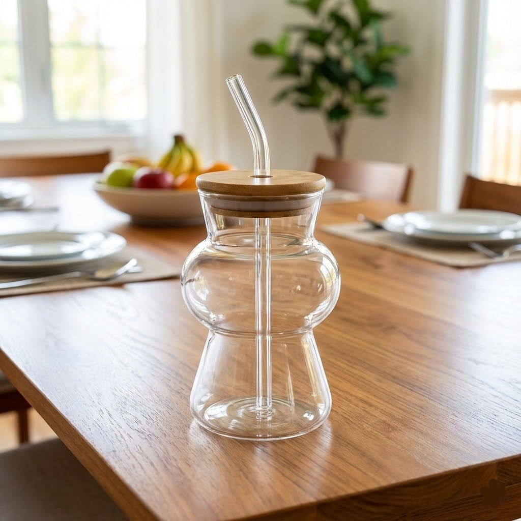 Glass Cups With Wooden Lid and Straw