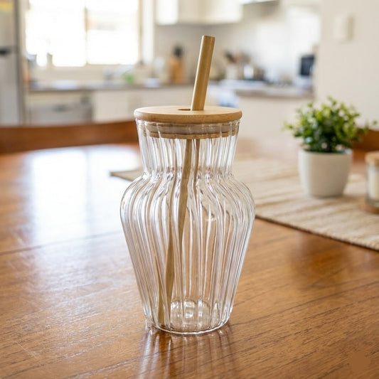 Ribbed Glass Cup with Bamboo Lid & Straw