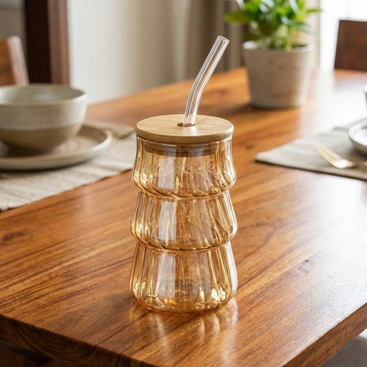Curved Glass Cups With Wooden Lid and Straw