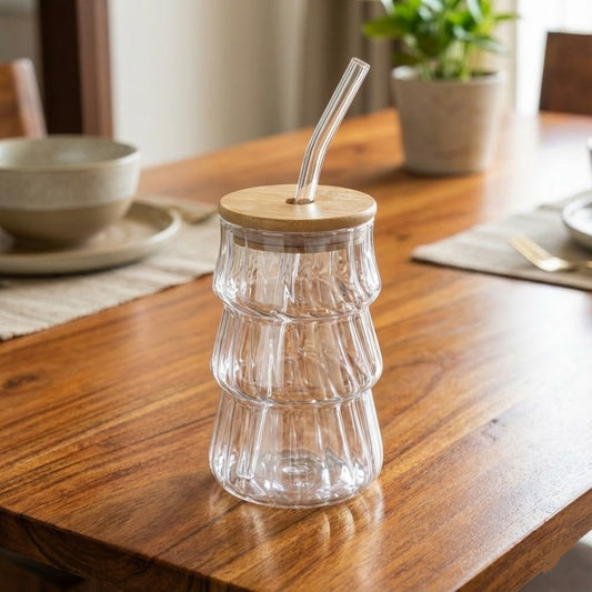 Curved Transparent Glass Cups With Wooden Lid and Straw