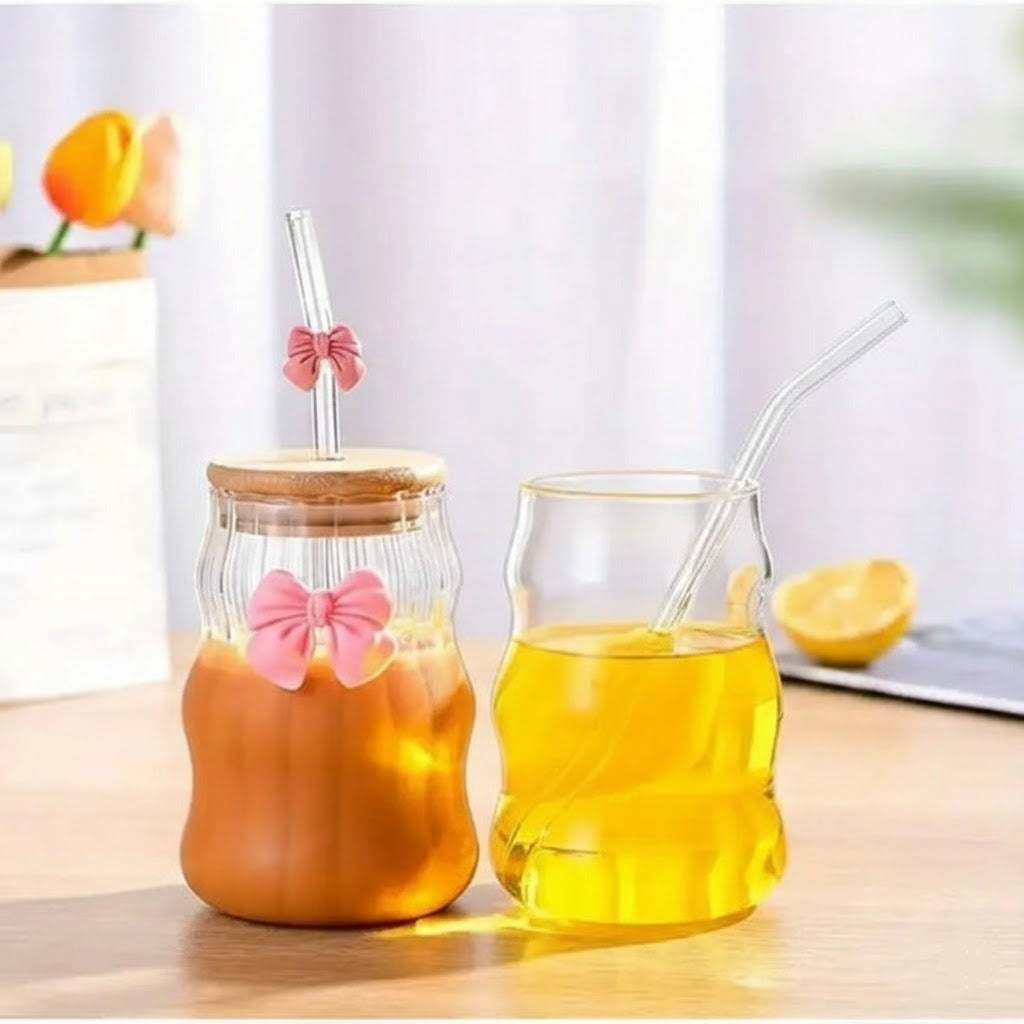 4PCs Glass Cup With Wooden Lid and Straw