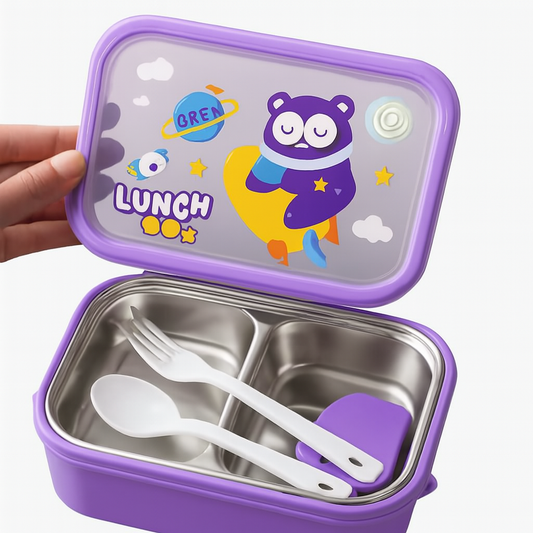 2 Compartment Stainless Steel LunchBox with Spoon & Fork