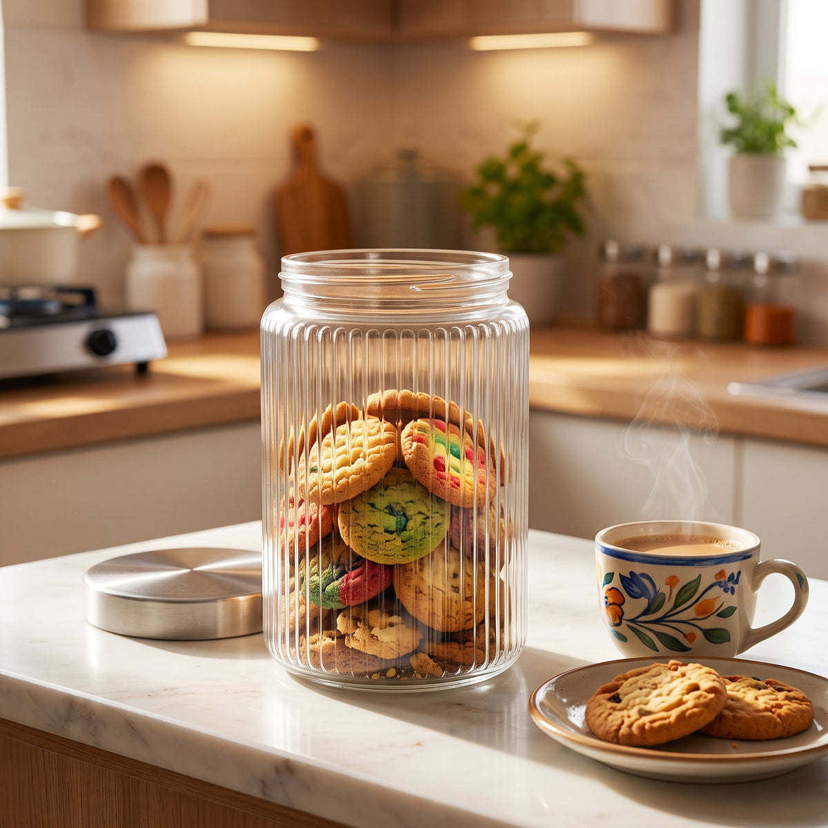 Elegant Transparent Ribbed Glass Storage Jar 1.22L