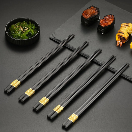 5 Pairs Black & Gold Reusable Non-Slip Chopsticks