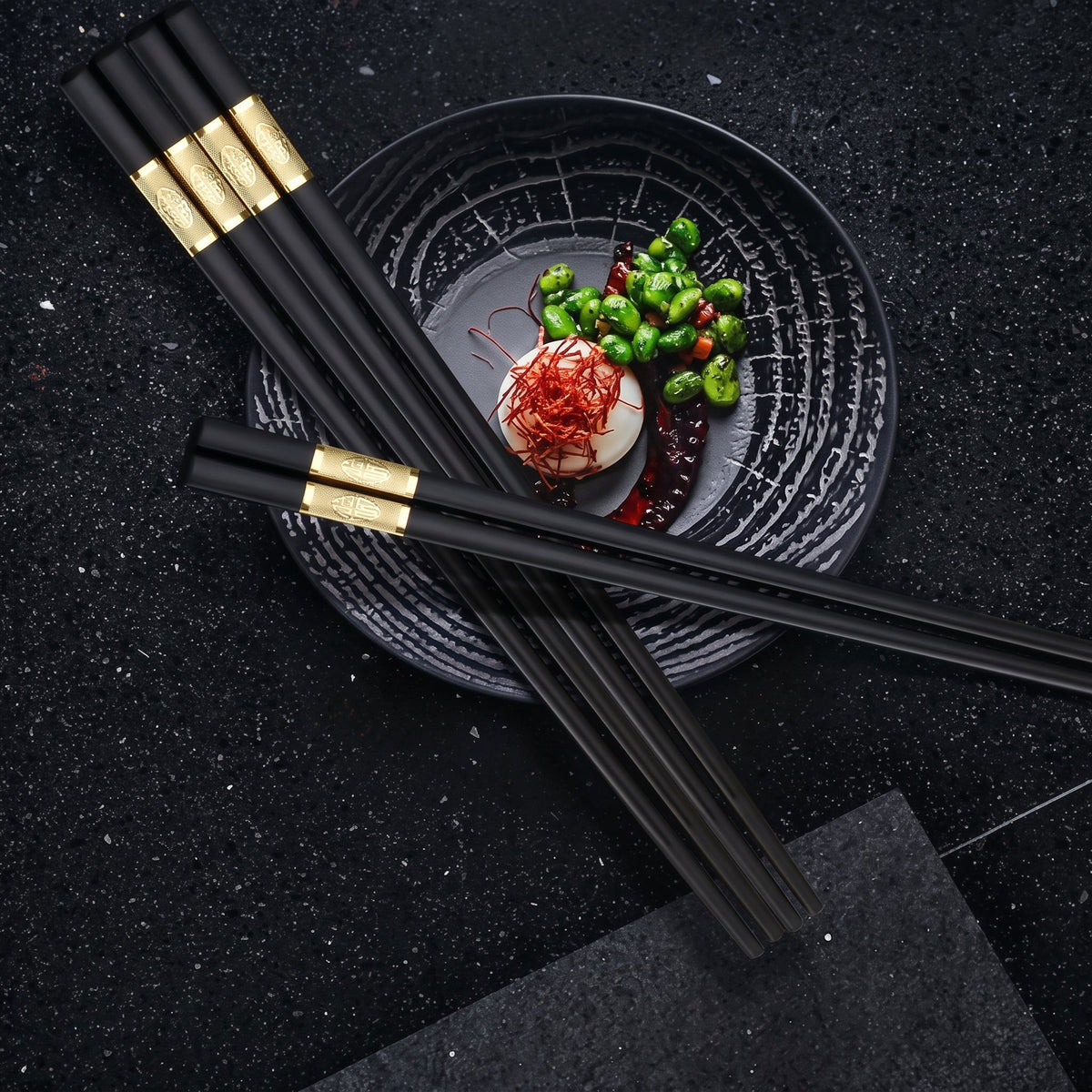 5 Pairs Black & Gold Reusable Non-Slip Chopsticks