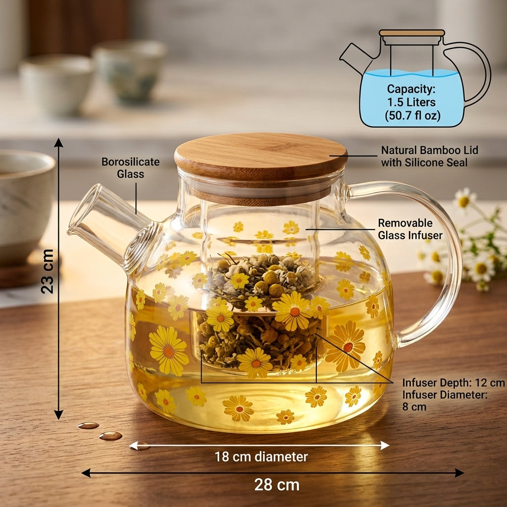 Elegant Floral Glass Kettle With Wooden Lid