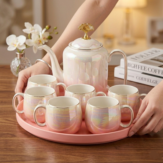 8PCs Ceramic Tea Set With 360 Rotatable Tray