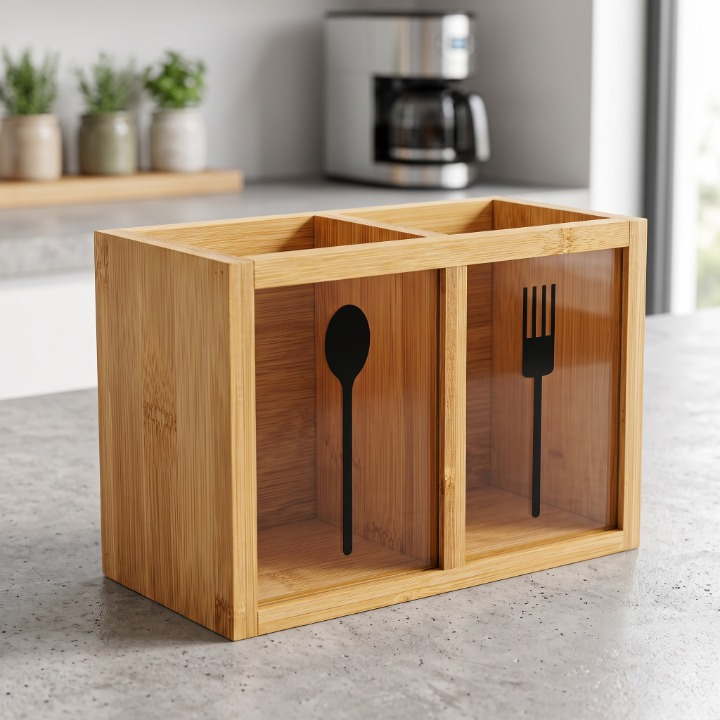 2-Section Wooden Spoon & Fork Storage Organizer