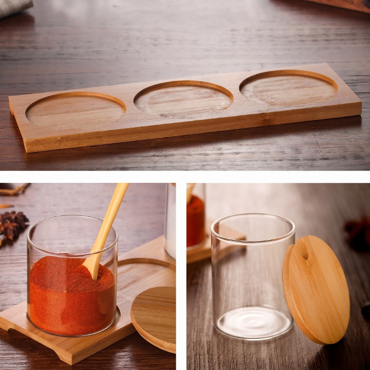 3PCs Glass Spice Jar Set with Wooden Tray