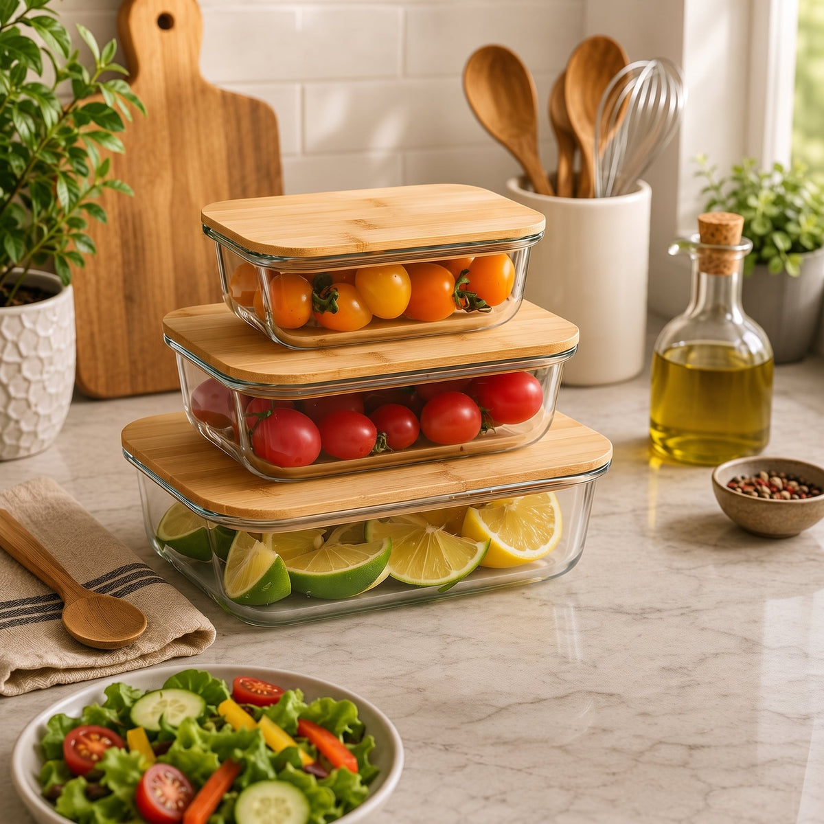 3PCs Glass Storage Containers With Wooden Lids