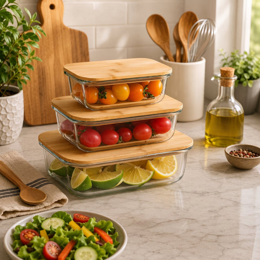 3PCs Glass Storage Containers With Wooden Lids