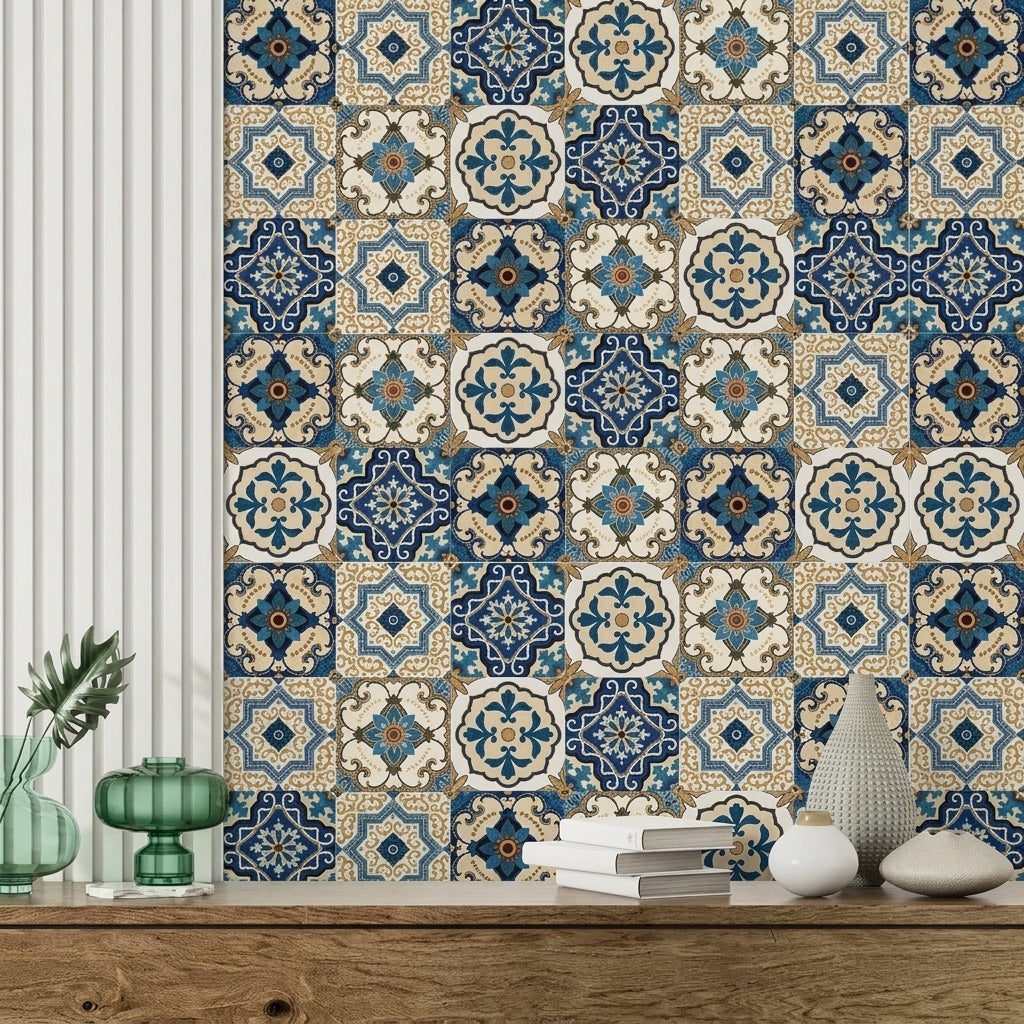 12pcs Blue & White Tile Stickers – Waterproof Peel & Stick Home Decor