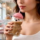 Cute Bear Glass Cup With Straw & Lid