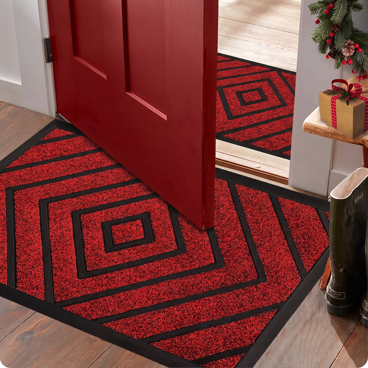 Red Geometric Non Slip Floor Mat