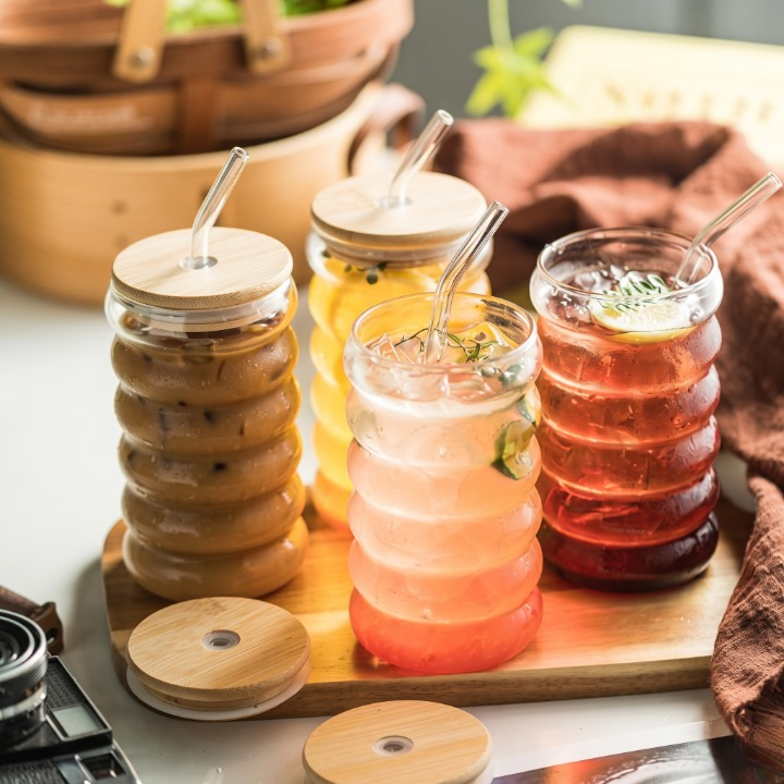 Ripple Wave Glass Mug with Wooden Lid