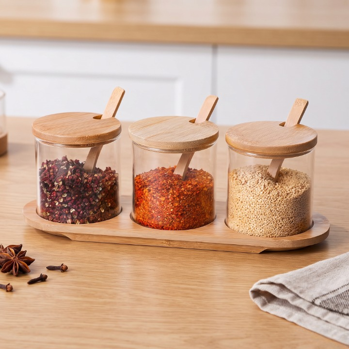 3PCs Glass Spice Jar Set with Wooden Tray