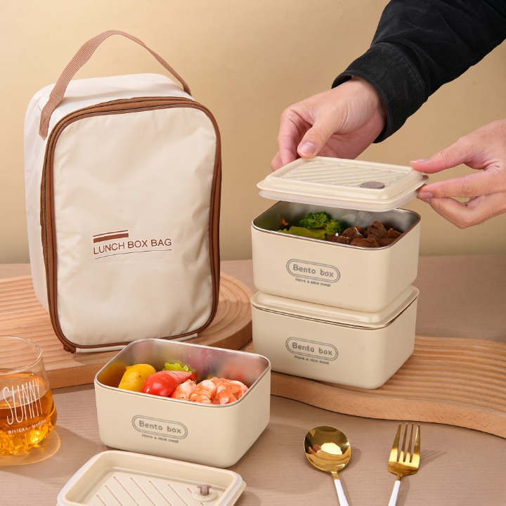 3PCs Stainless Steel Square Insulated Boxes With Thermal Bag