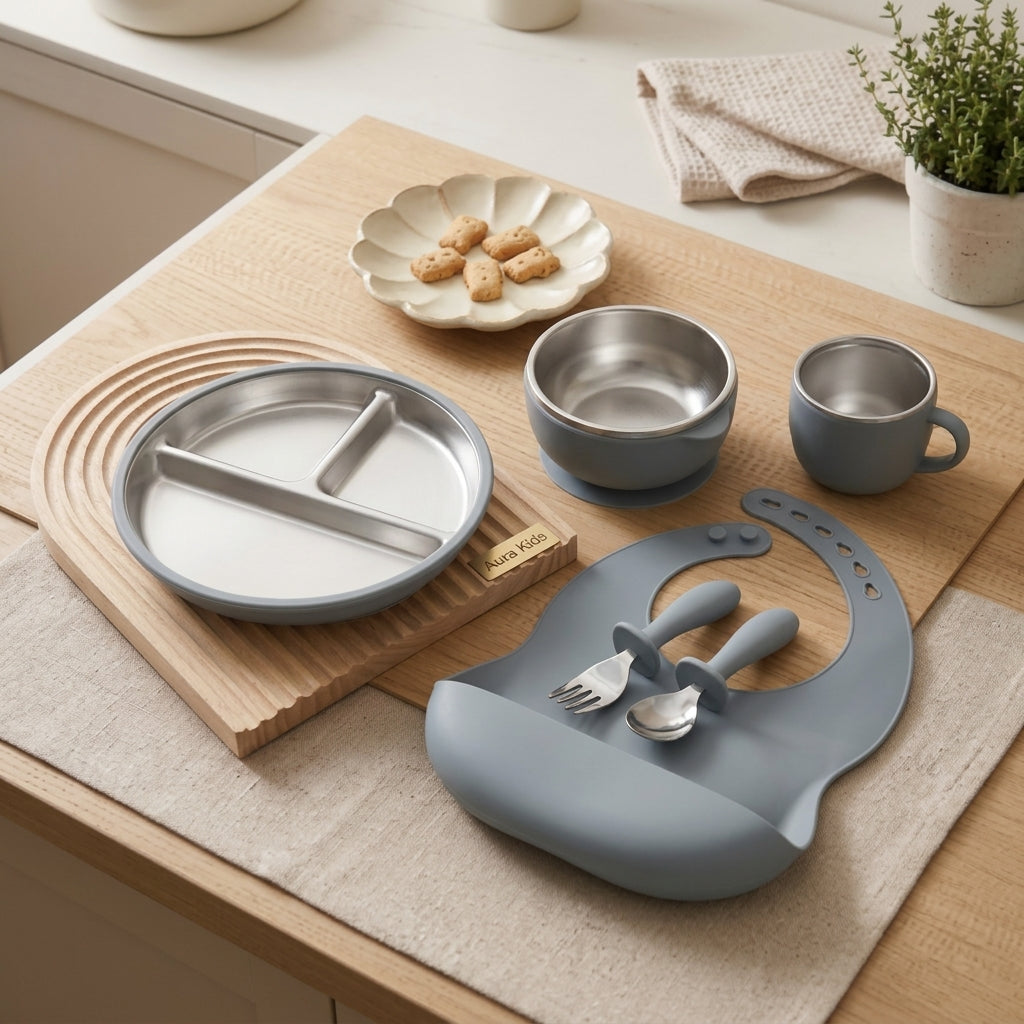 6 In 1 Silicone & Steel Baby Feeding Set (Premium Quality)