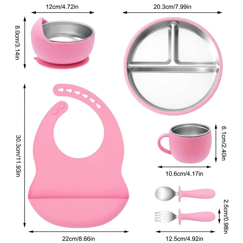 6 In 1 Silicone & Steel Baby Feeding Set (Premium Quality)