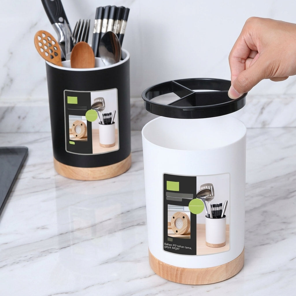 Elegant Utensil Storage Holder With Wooden Base